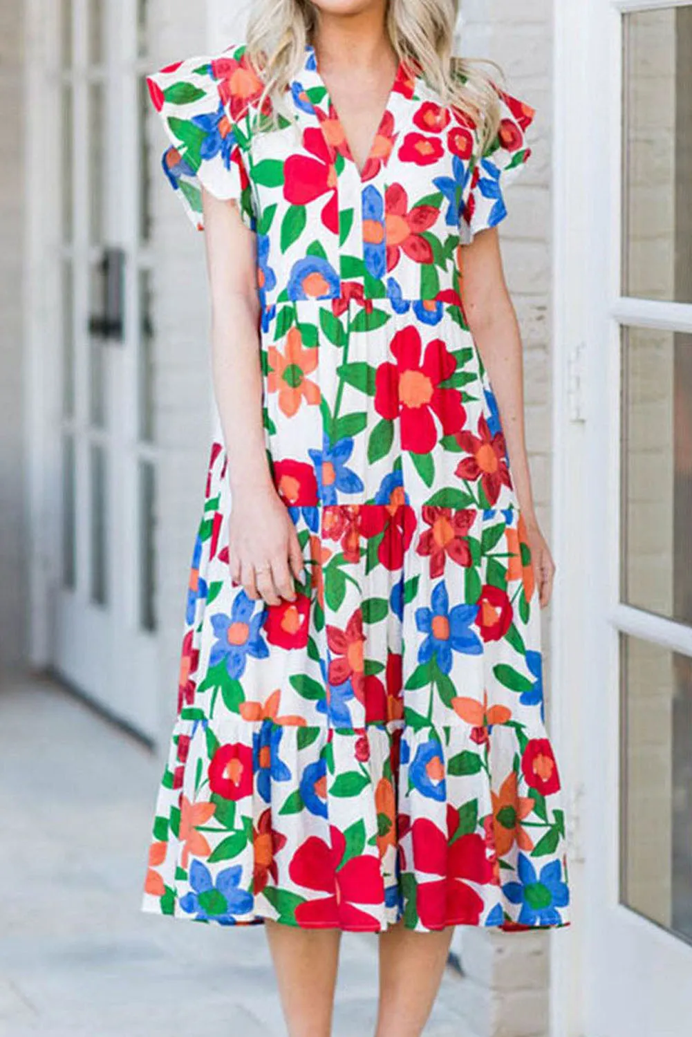 Flower Print Chest Pocket V Neck Blouse