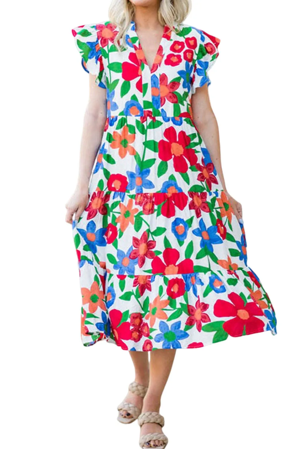 Flower Print Chest Pocket V Neck Blouse