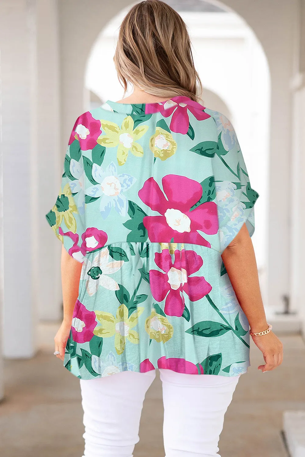 Flower Print Chest Pocket V Neck Blouse