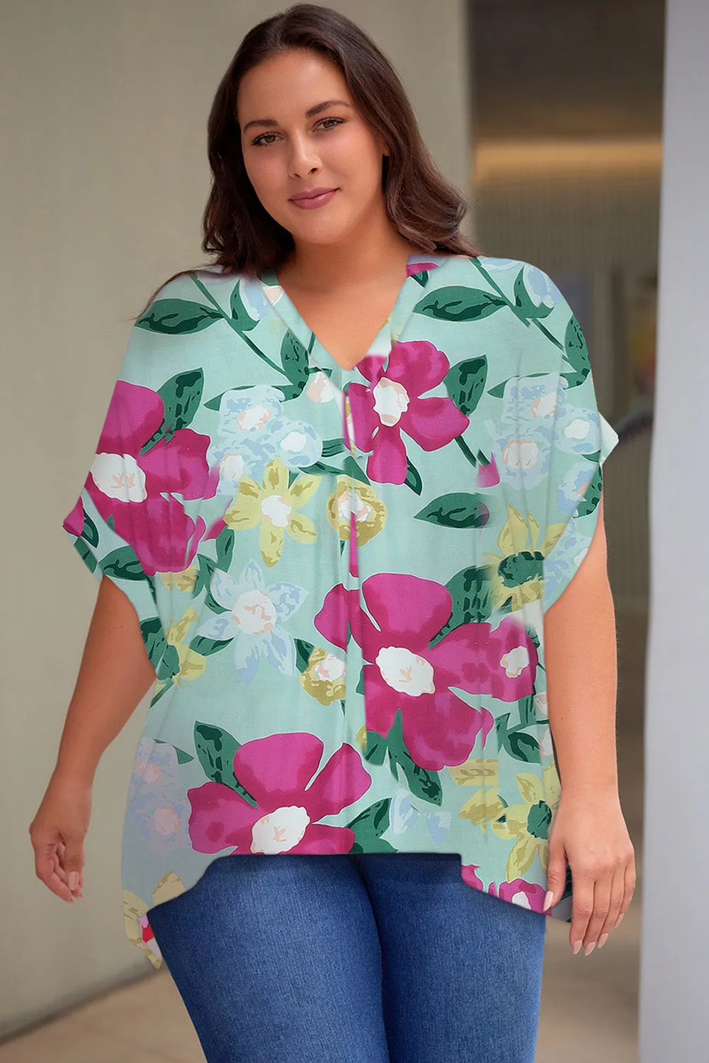 Flower Print Chest Pocket V Neck Blouse