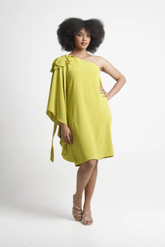 Frida Green One Arm Dress With Flower