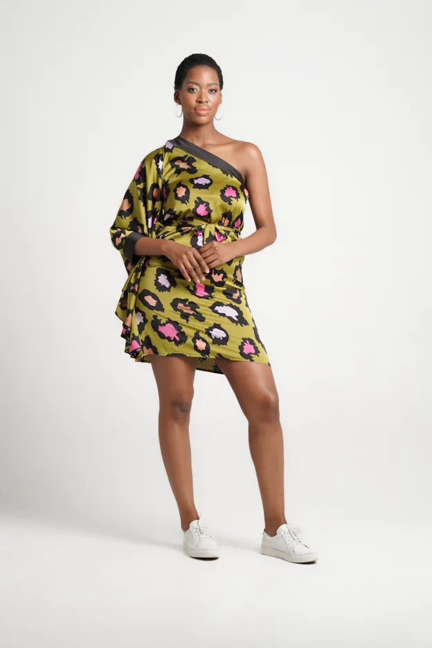 Frida Lime/Black One Arm Kaftan Dress
