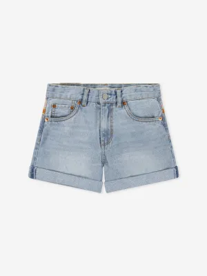 Girls Mini Mom Embroidered Shorts in Blue