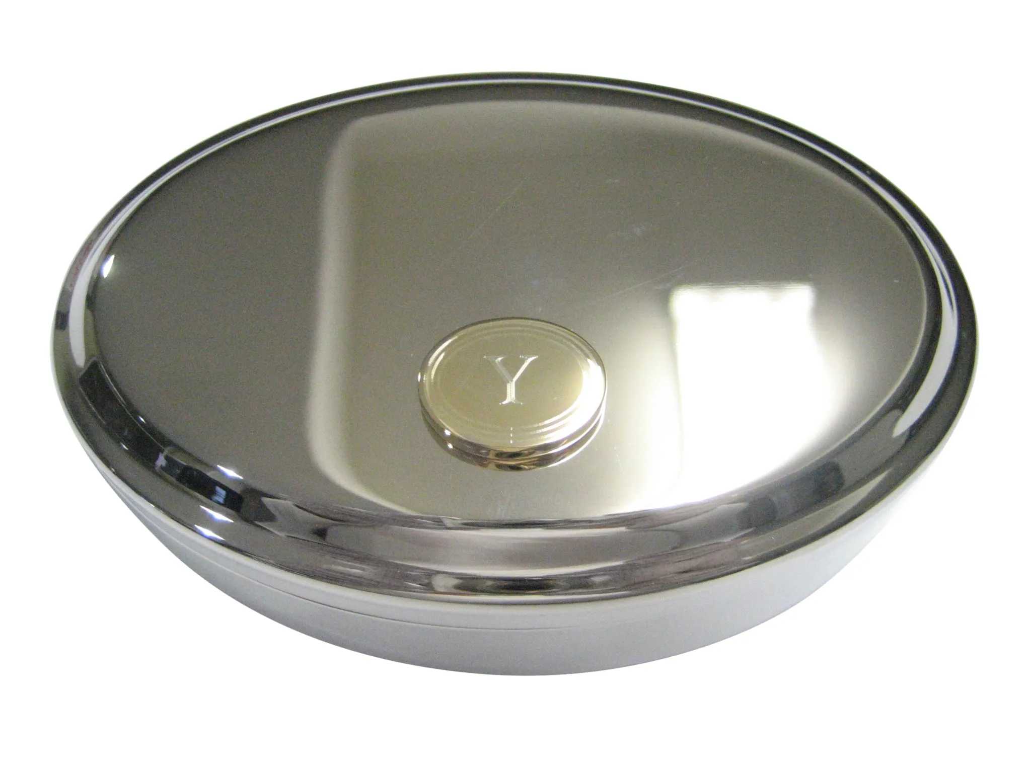 Gold Toned Etched Oval Letter Y Monogram Oval Trinket Jewelry Box
