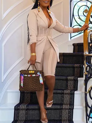 Gorgeousladie Gathered-Waist Blazer & Biker Shorts Set
