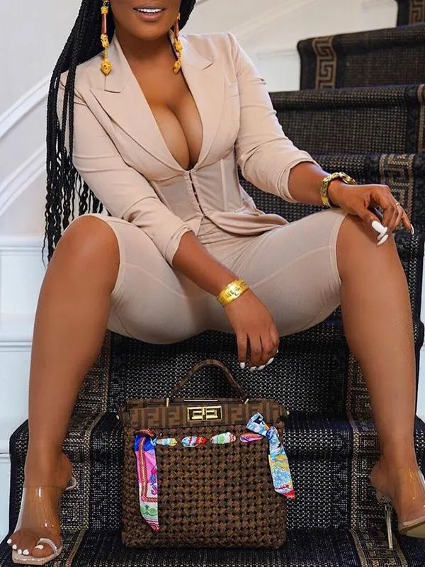 Gorgeousladie Gathered-Waist Blazer & Biker Shorts Set