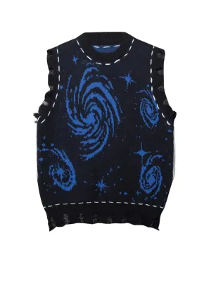 GORGLITTER Mens Graphic Pattern Distressed Raw Trim Sweater Vest Sleeveless Crewneck Knit Top Black and Blue Large