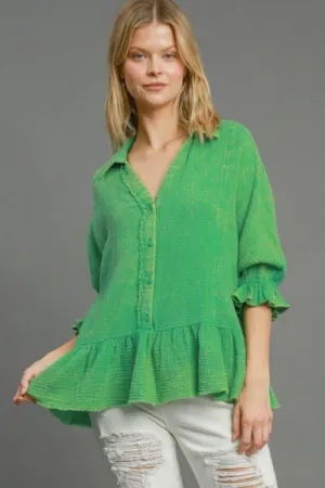 Green Mineral Washed Cotton Gauze Top