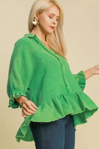 Green Mineral Washed Cotton Gauze Top
