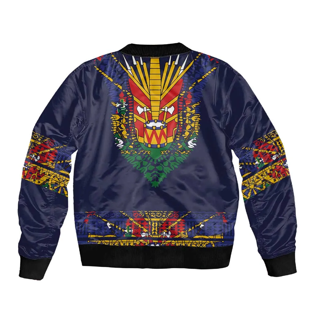 Haiti Flag Sleeve Zip Bomber Jacket Traditional Dashiki Black Color LT03