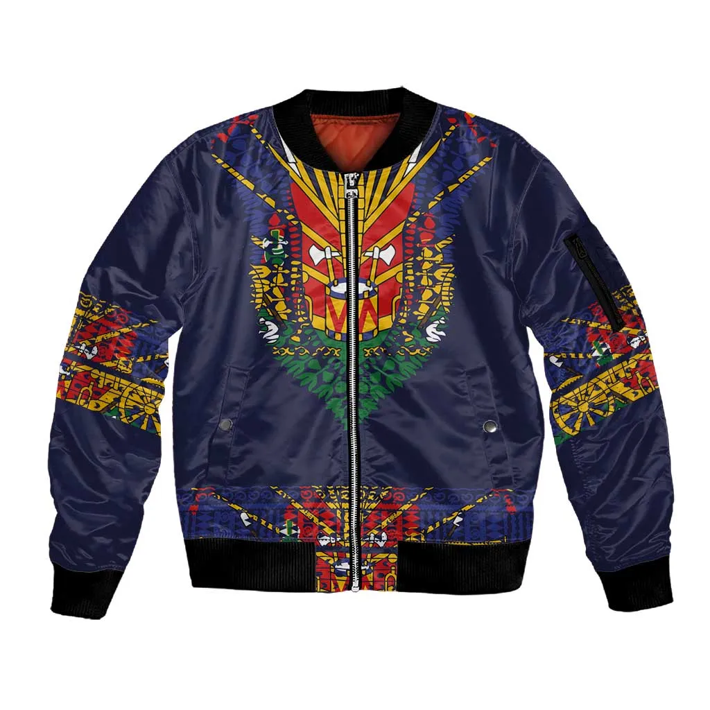 Haiti Flag Sleeve Zip Bomber Jacket Traditional Dashiki Black Color LT03