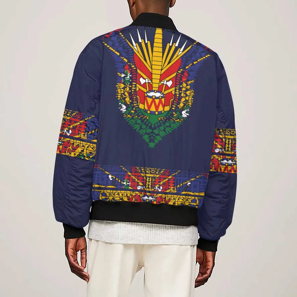 Haiti Flag Sleeve Zip Bomber Jacket Traditional Dashiki Black Color LT03