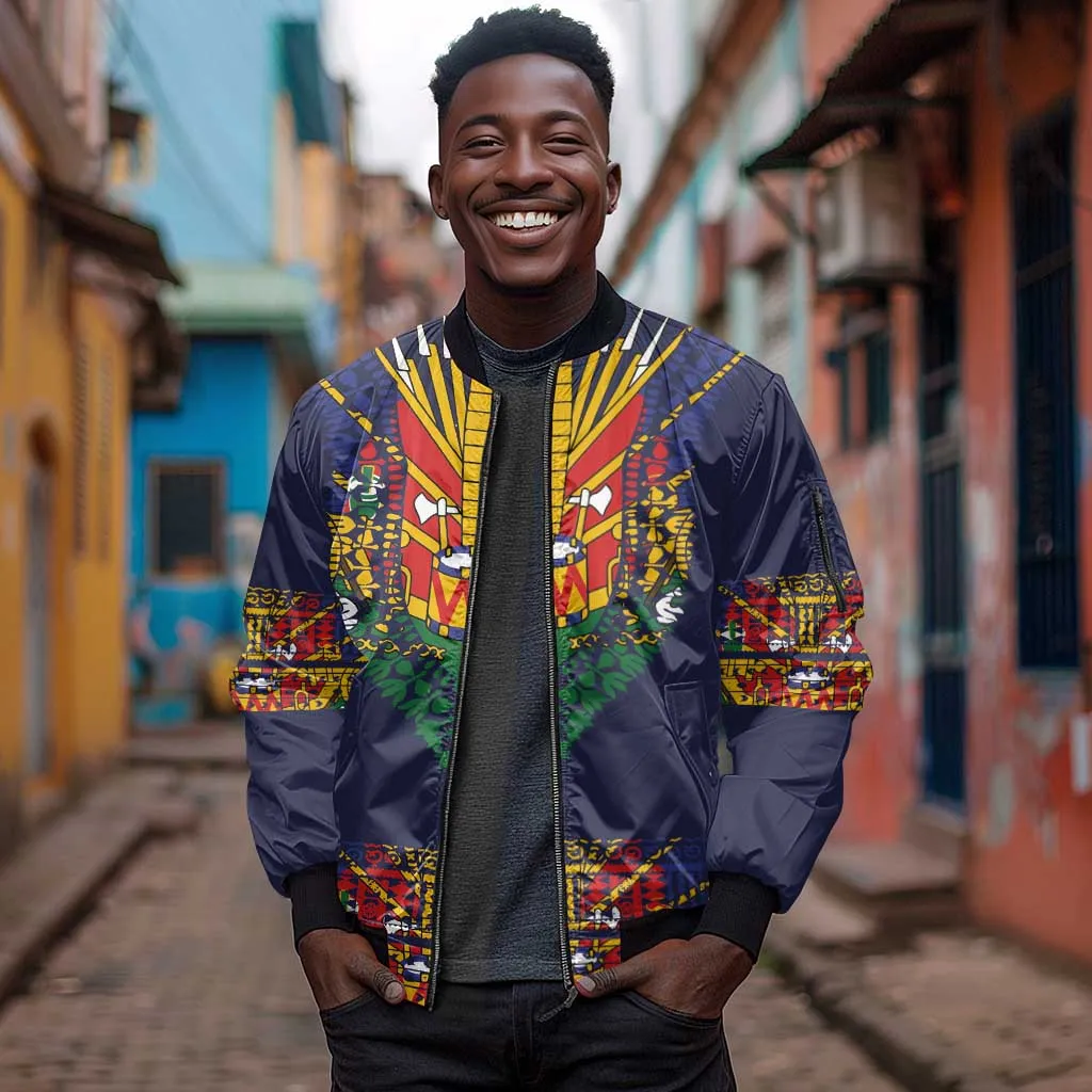 Haiti Flag Sleeve Zip Bomber Jacket Traditional Dashiki Black Color LT03