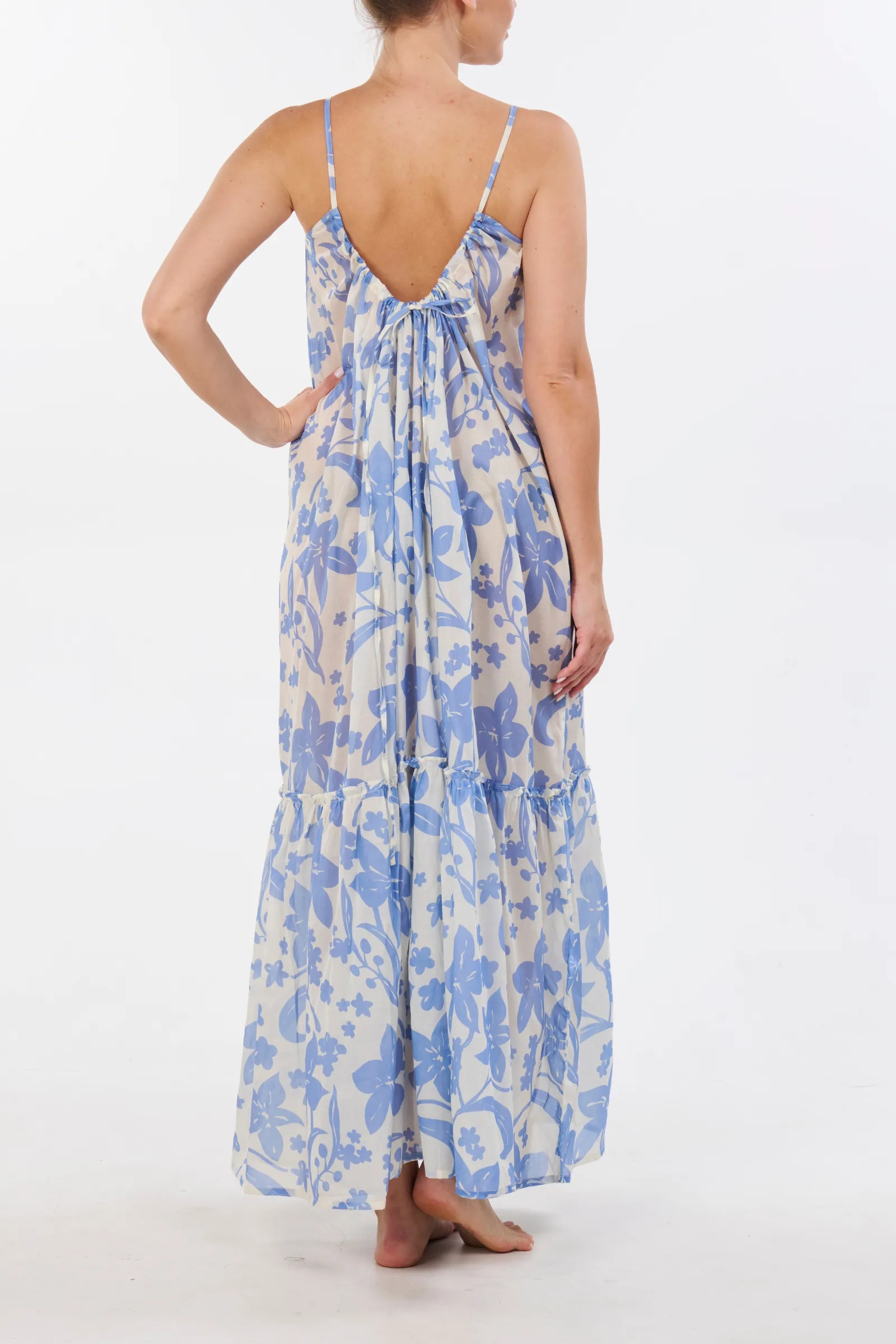 High-Low Ruffle Maxi Dress - Hawaiian Blue Print