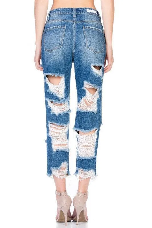 High rise medium wash destroyed jeans