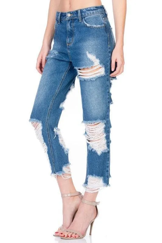 High rise medium wash destroyed jeans