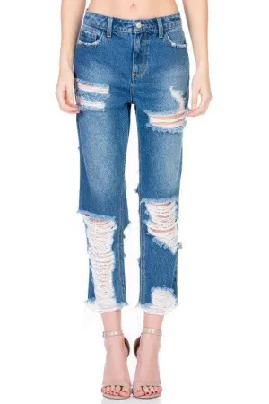 High rise medium wash destroyed jeans