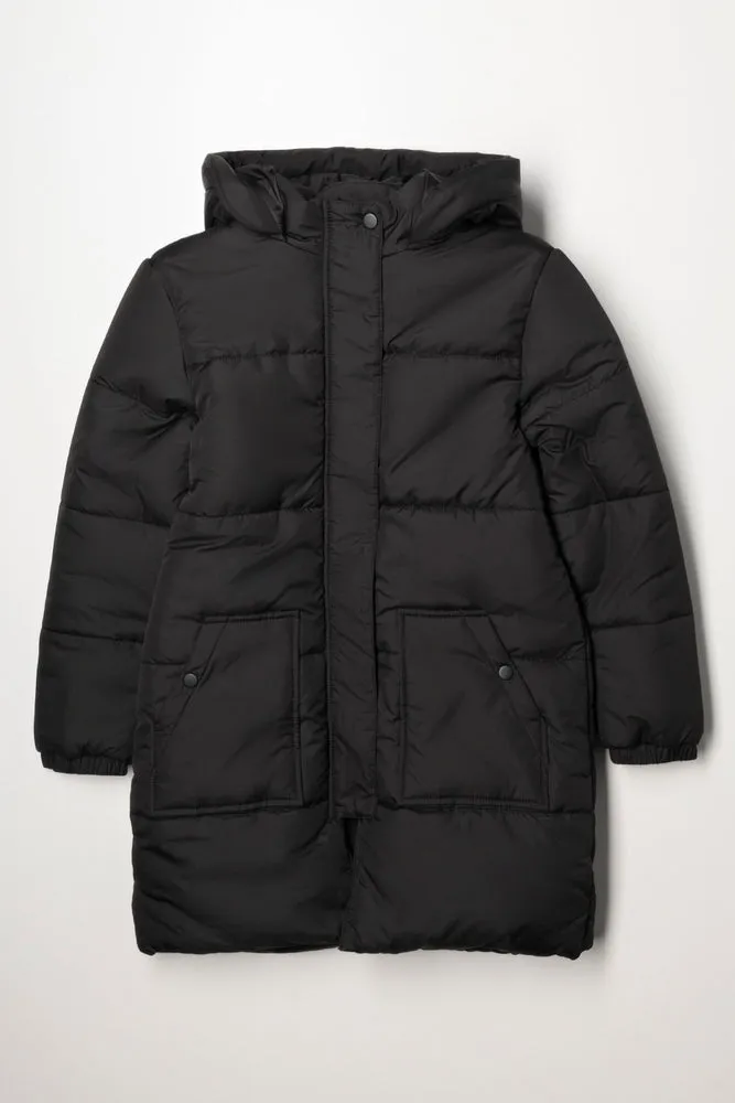 Hooded Long Puffer Jacket Black
