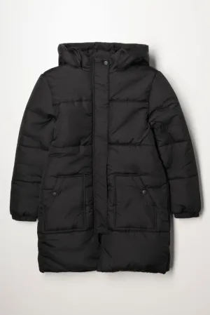 Hooded Long Puffer Jacket Black
