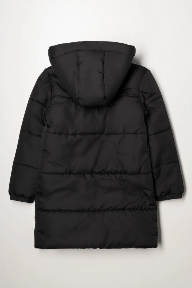 Hooded Long Puffer Jacket Black