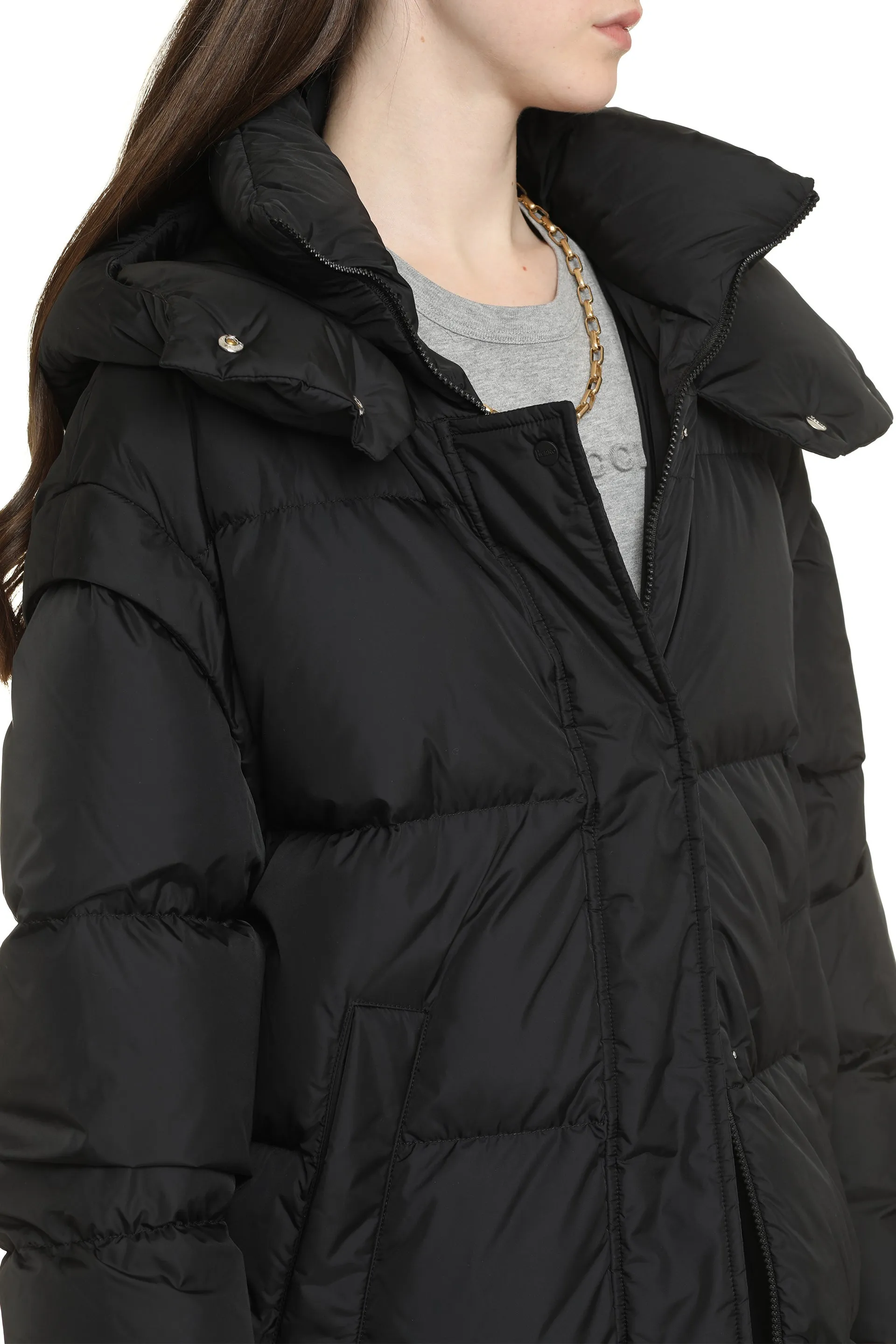 Hooded techno fabric down jacket