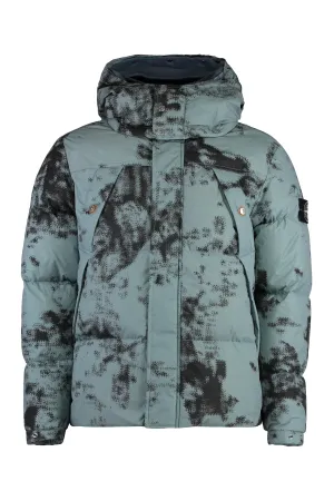 Hooded techno fabric down jacket
