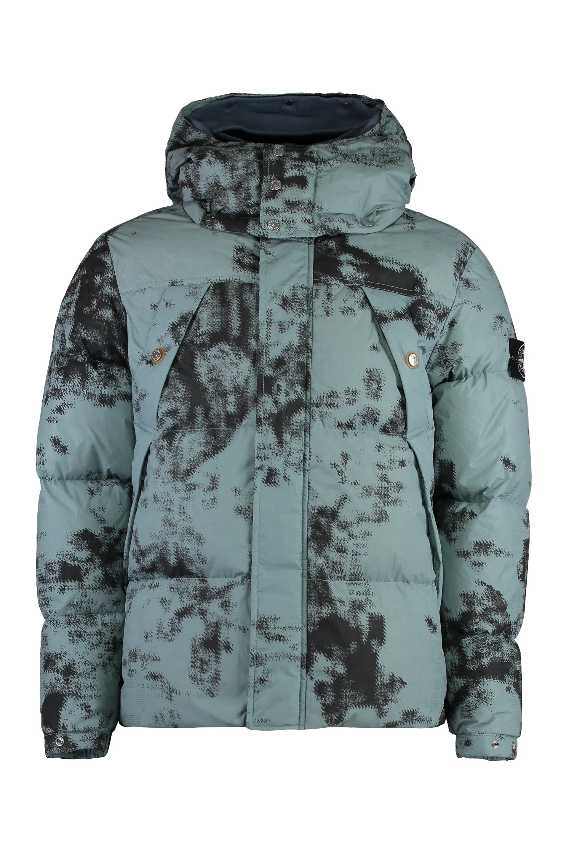 Hooded techno fabric down jacket
