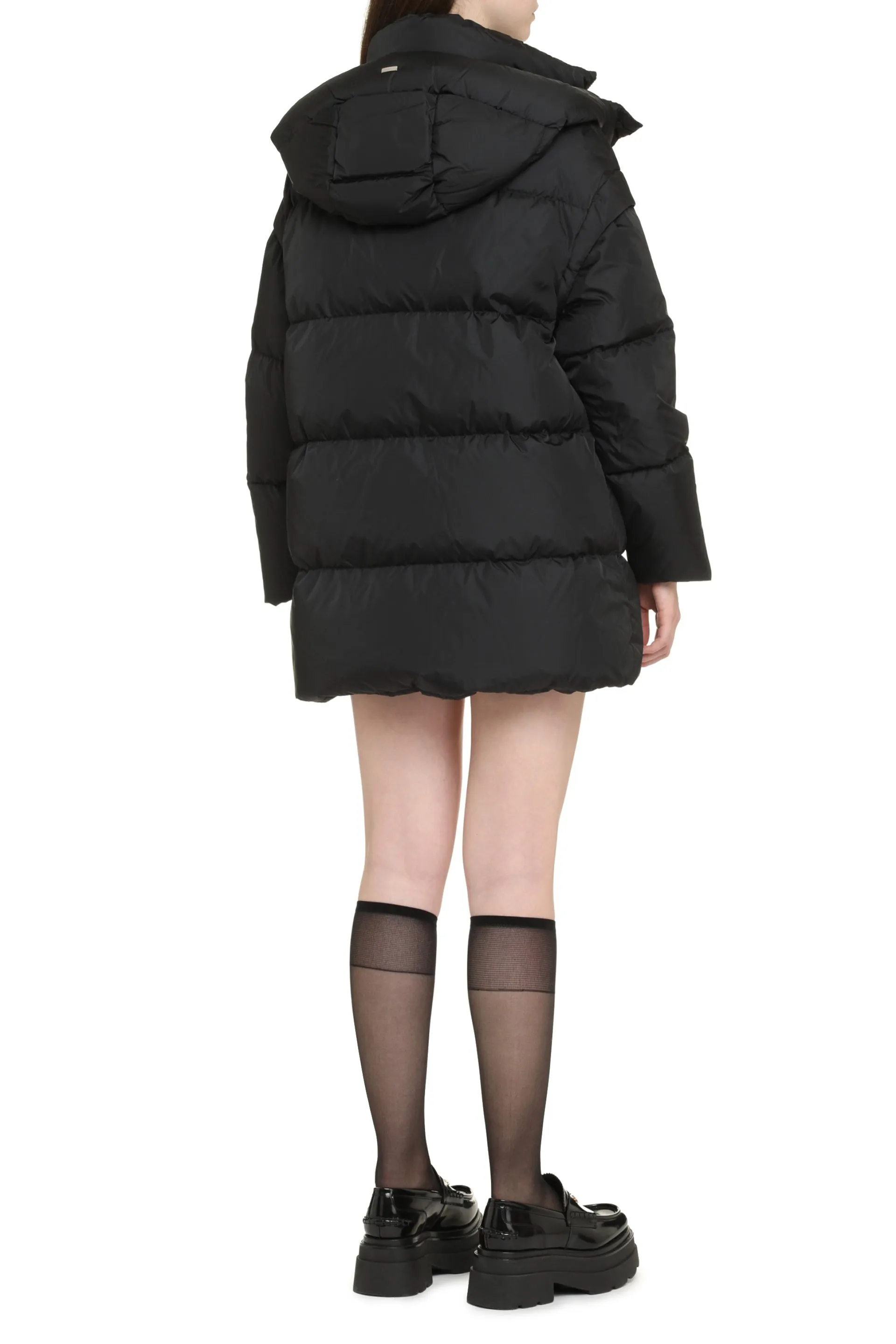 Hooded techno fabric down jacket