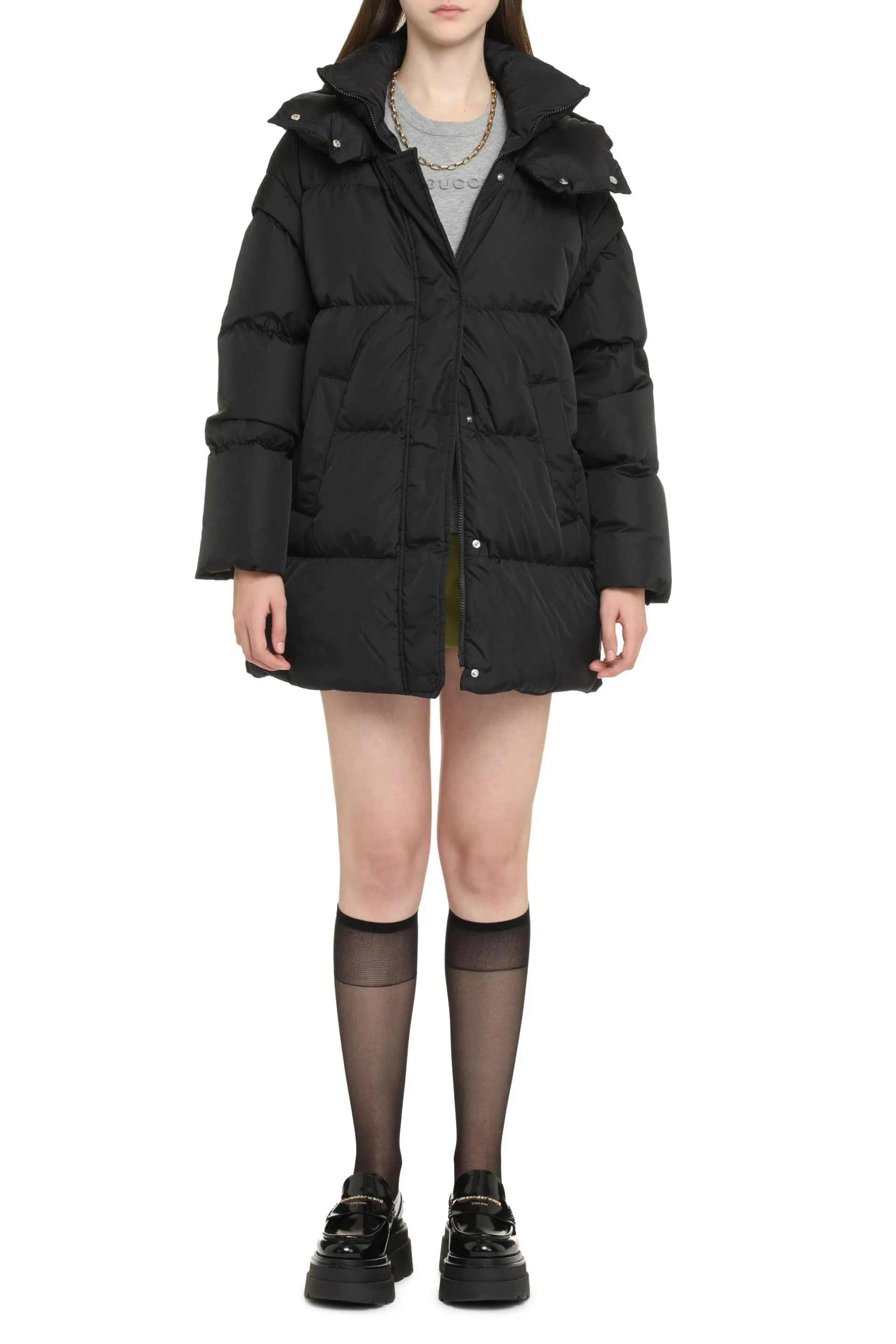 Hooded techno fabric down jacket