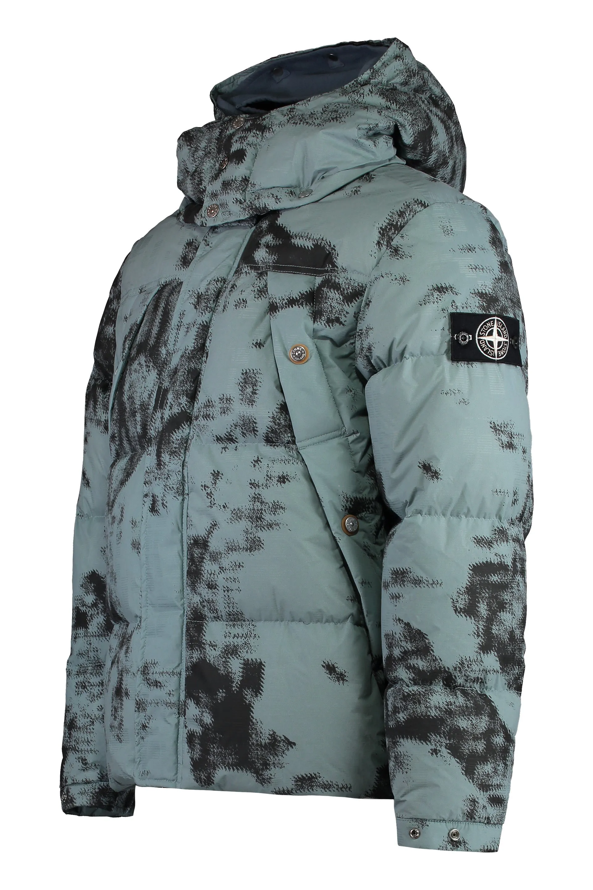 Hooded techno fabric down jacket