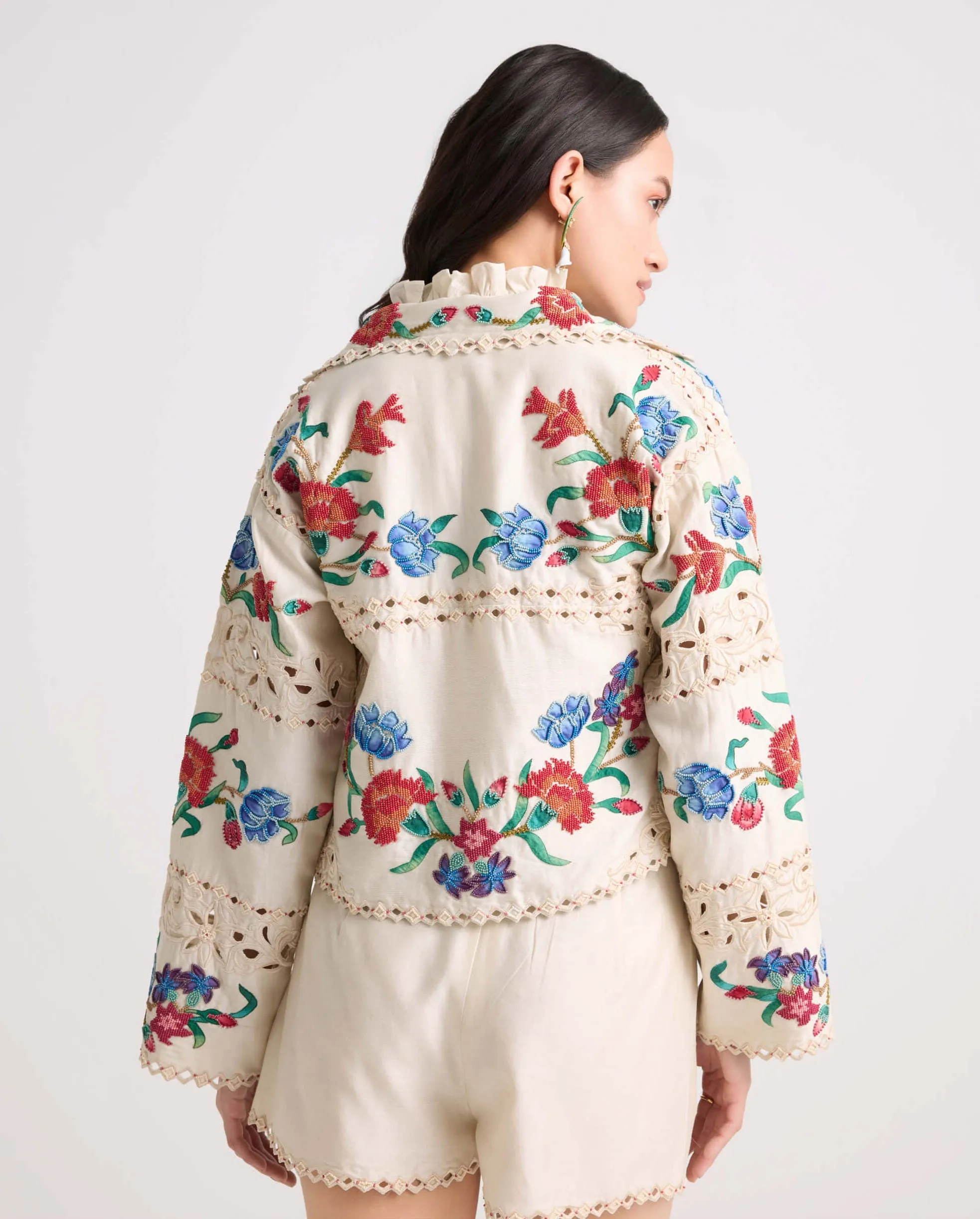 Ivory applique and beadwork shorts