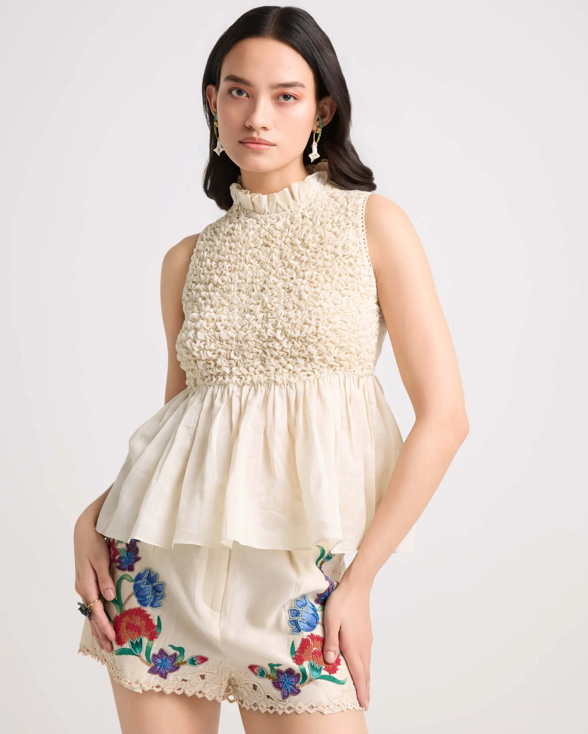 Ivory applique and beadwork shorts