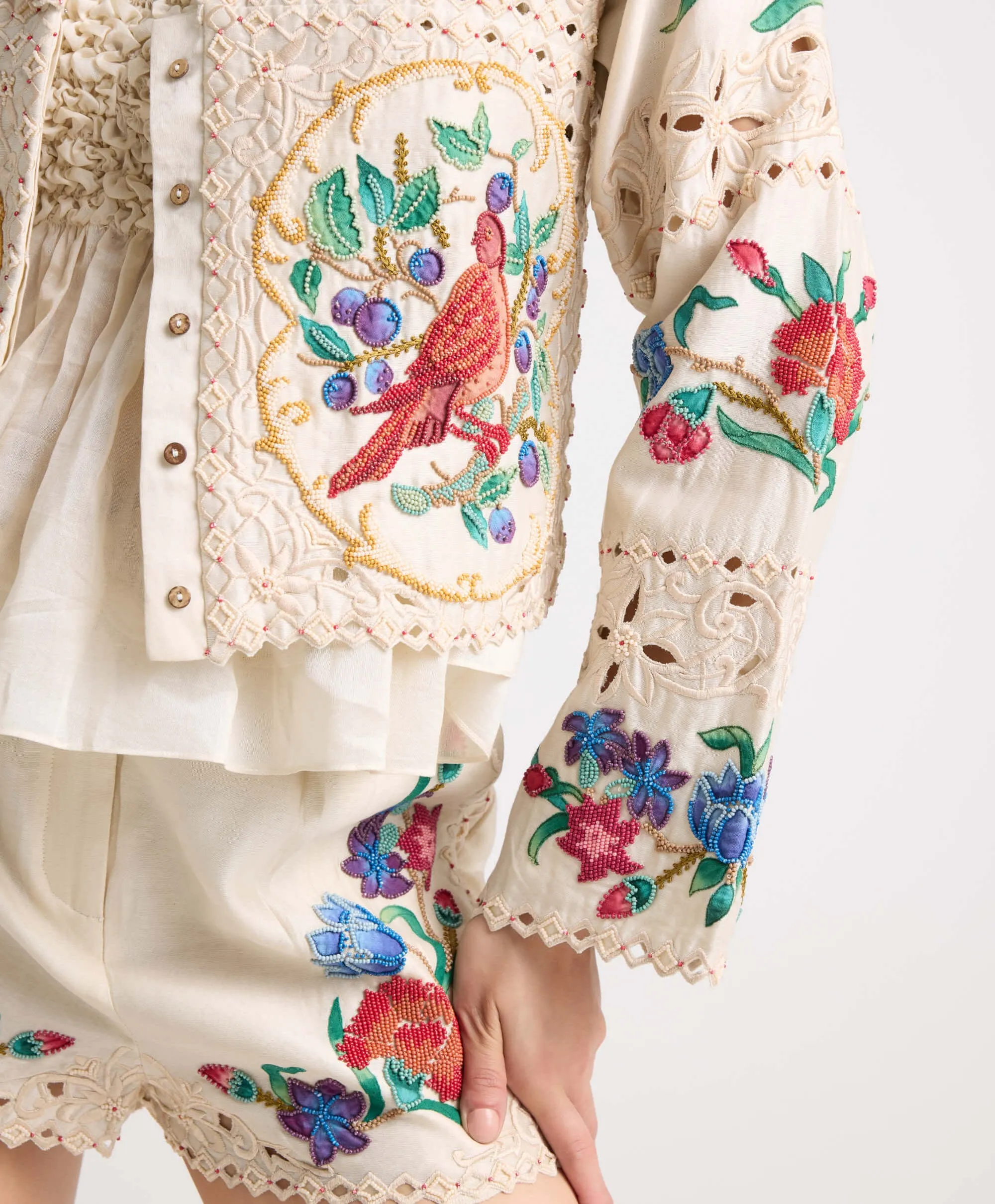 Ivory applique and beadwork shorts