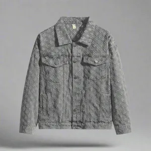 Jacquard Pattern Denim Vintage Jean Coat | Casual Lapel Shirt Wide-Leg Pants BUNDLE