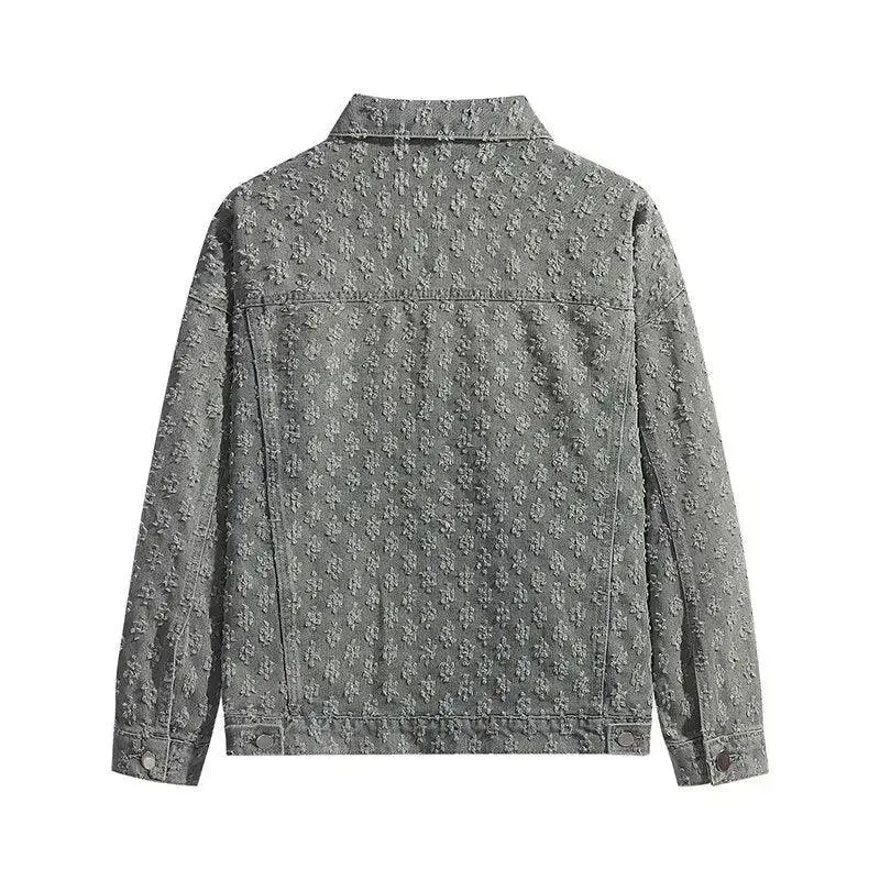 Jacquard Pattern Denim Vintage Jean Coat | Casual Lapel Shirt Wide-Leg Pants BUNDLE