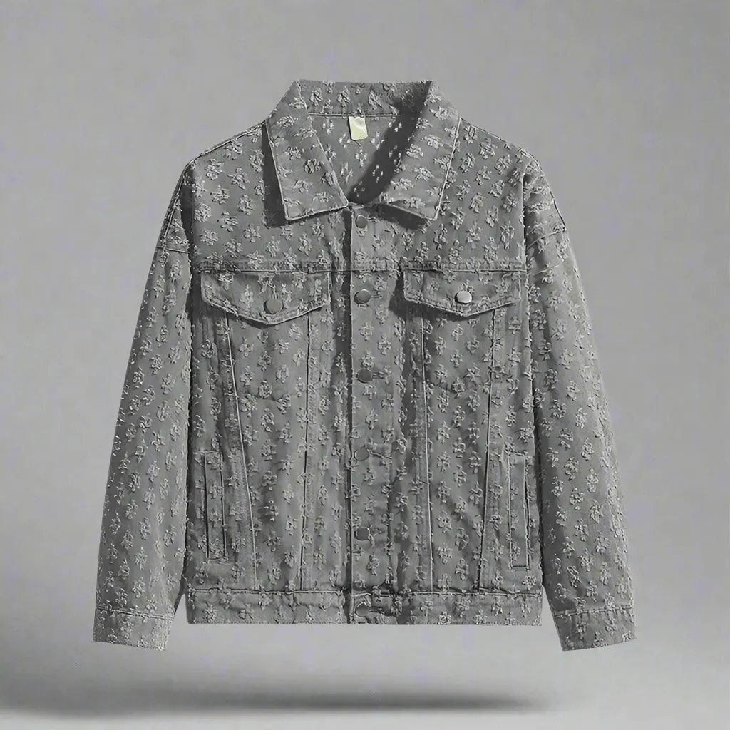 Jacquard Pattern Denim Vintage Jean Coat | Casual Lapel Shirt Wide-Leg Pants BUNDLE