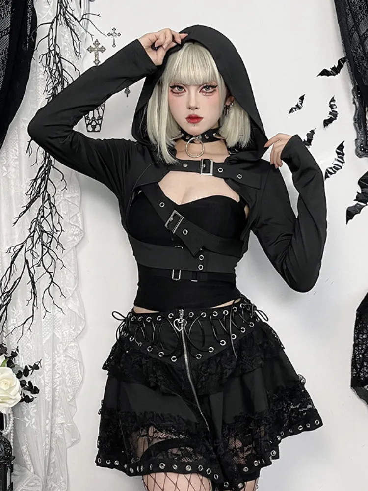 JazzHer Harajuku Gothic Jackets Women Streetwear Cyber Punk Grunge Hollow Out Long Sleeve Hooded Crop Coats Vintage Rave Outfits