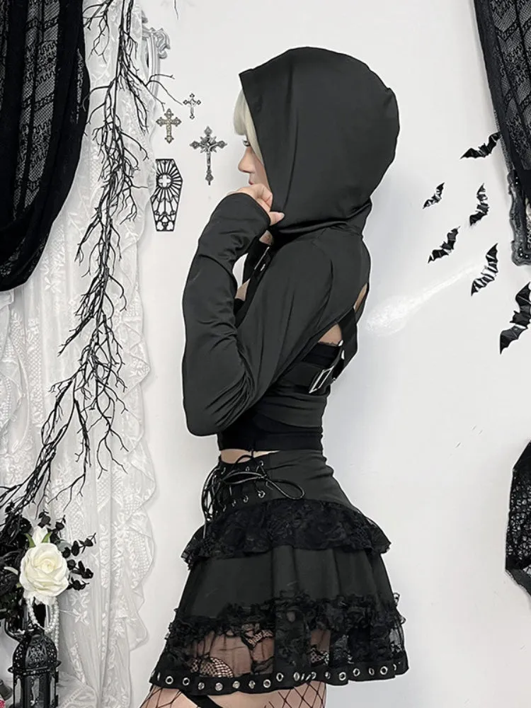 JazzHer Harajuku Gothic Jackets Women Streetwear Cyber Punk Grunge Hollow Out Long Sleeve Hooded Crop Coats Vintage Rave Outfits