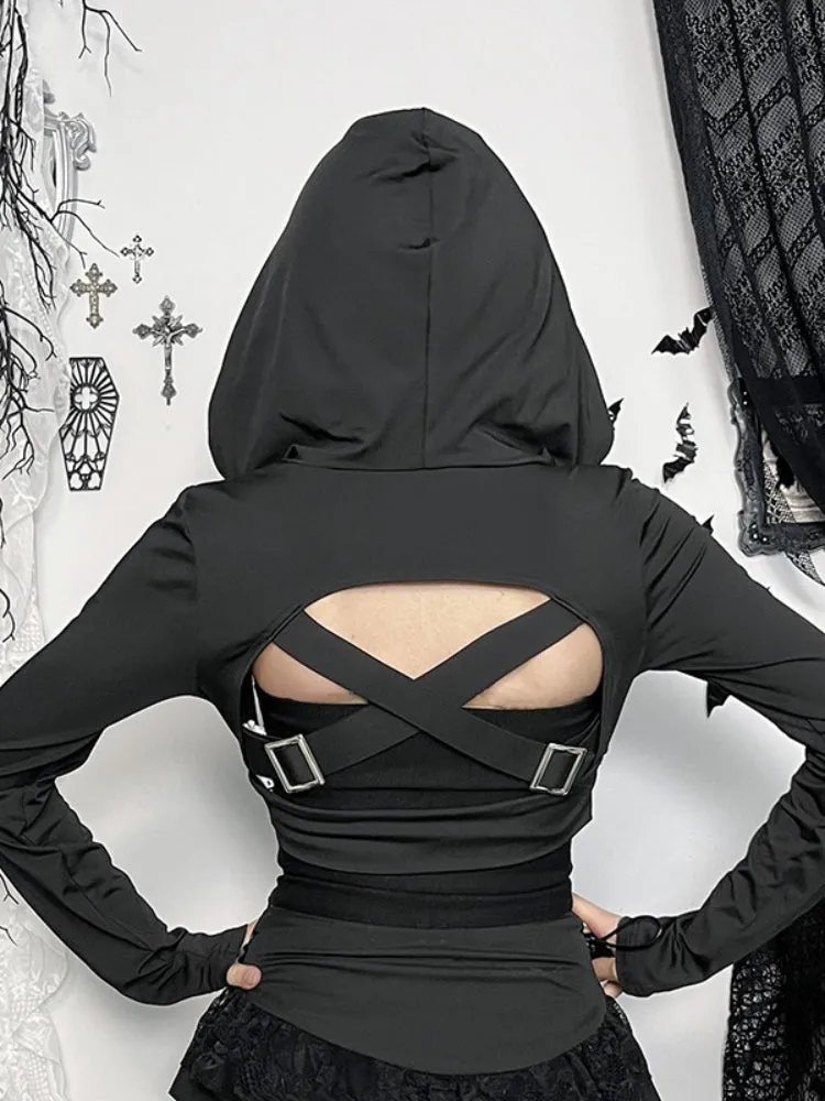 JazzHer Harajuku Gothic Jackets Women Streetwear Cyber Punk Grunge Hollow Out Long Sleeve Hooded Crop Coats Vintage Rave Outfits