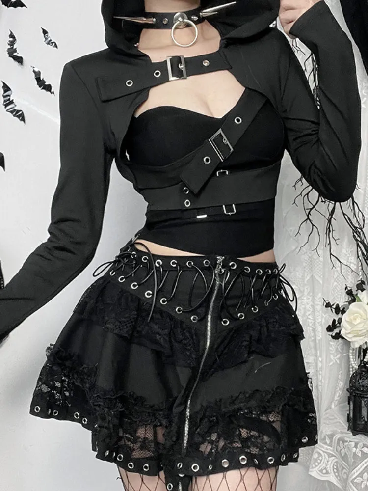 JazzHer Harajuku Gothic Jackets Women Streetwear Cyber Punk Grunge Hollow Out Long Sleeve Hooded Crop Coats Vintage Rave Outfits