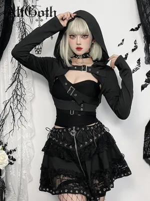 JazzHer Harajuku Gothic Jackets Women Streetwear Cyber Punk Grunge Hollow Out Long Sleeve Hooded Crop Coats Vintage Rave Outfits