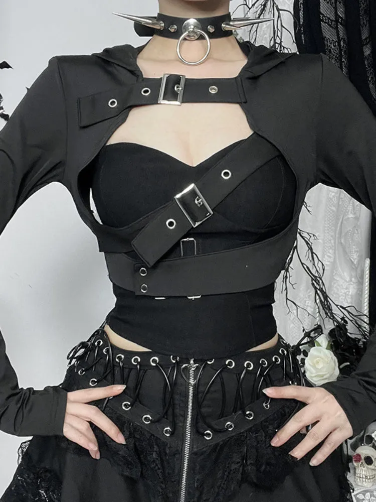JazzHer Harajuku Gothic Jackets Women Streetwear Cyber Punk Grunge Hollow Out Long Sleeve Hooded Crop Coats Vintage Rave Outfits