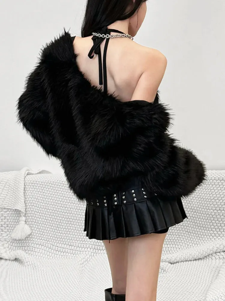 JazzHer Streetwear Harajuku Plush Coats Women Dark Gothic Grunge Solid Color Long Sleeve with Bra Jackets Emo Alt Indie Clothes