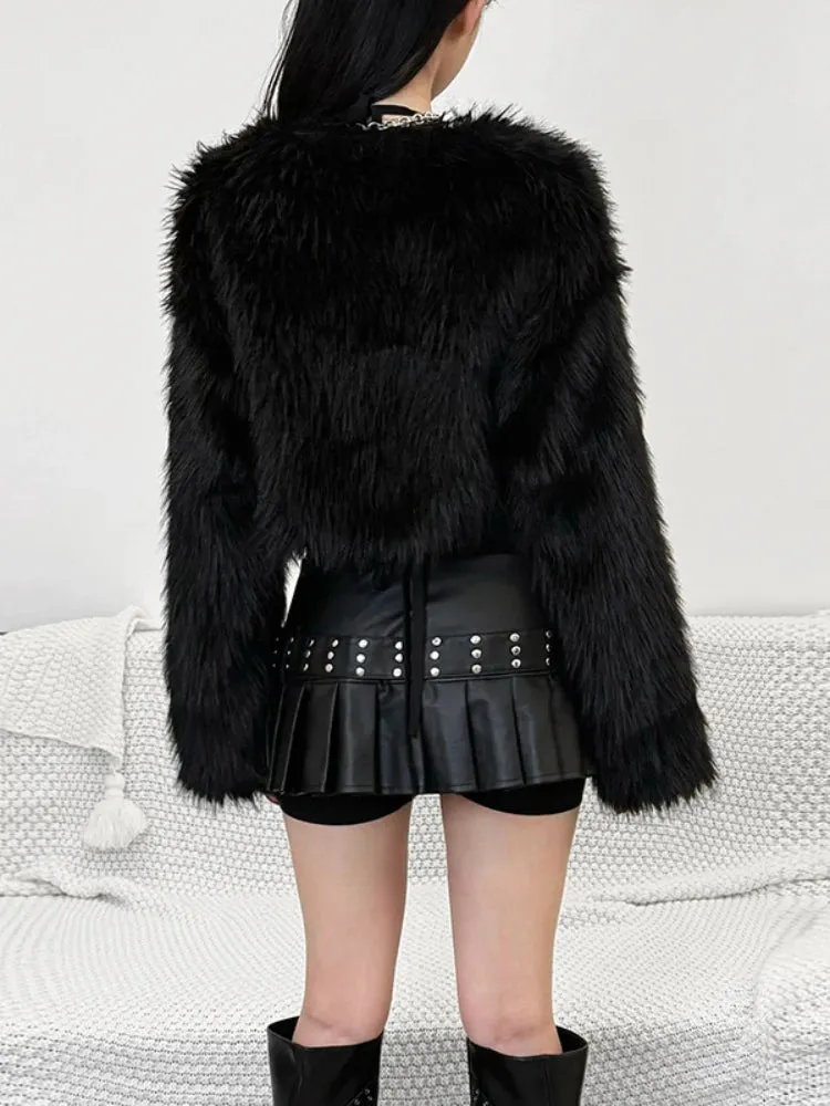 JazzHer Streetwear Harajuku Plush Coats Women Dark Gothic Grunge Solid Color Long Sleeve with Bra Jackets Emo Alt Indie Clothes