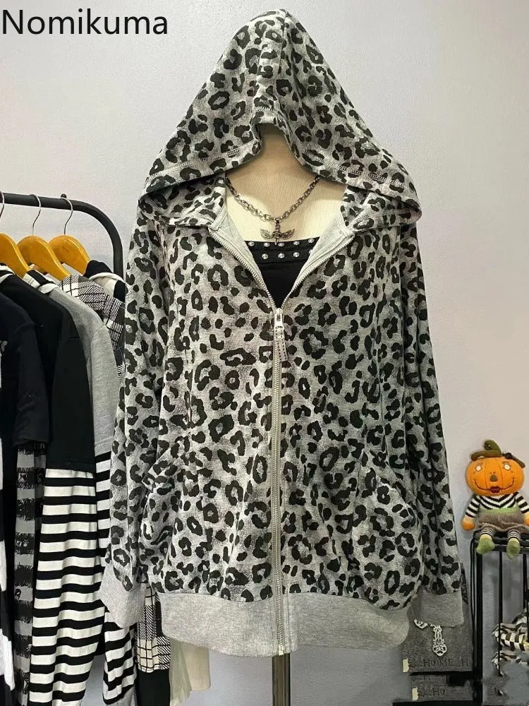 JazzHer Streetwear Leopard Print Hooded Sweatshirt Fashion Korean Zipper Y2k Jackets Casual Vintage Women Hoodies Coats 2025 Ropa Mujer
