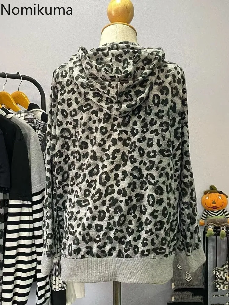 JazzHer Streetwear Leopard Print Hooded Sweatshirt Fashion Korean Zipper Y2k Jackets Casual Vintage Women Hoodies Coats 2025 Ropa Mujer