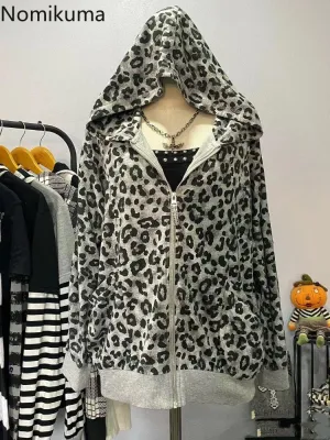 JazzHer Streetwear Leopard Print Hooded Sweatshirt Fashion Korean Zipper Y2k Jackets Casual Vintage Women Hoodies Coats 2025 Ropa Mujer