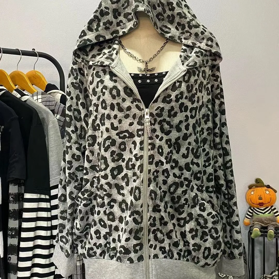 JazzHer Streetwear Leopard Print Hooded Sweatshirt Fashion Korean Zipper Y2k Jackets Casual Vintage Women Hoodies Coats 2025 Ropa Mujer