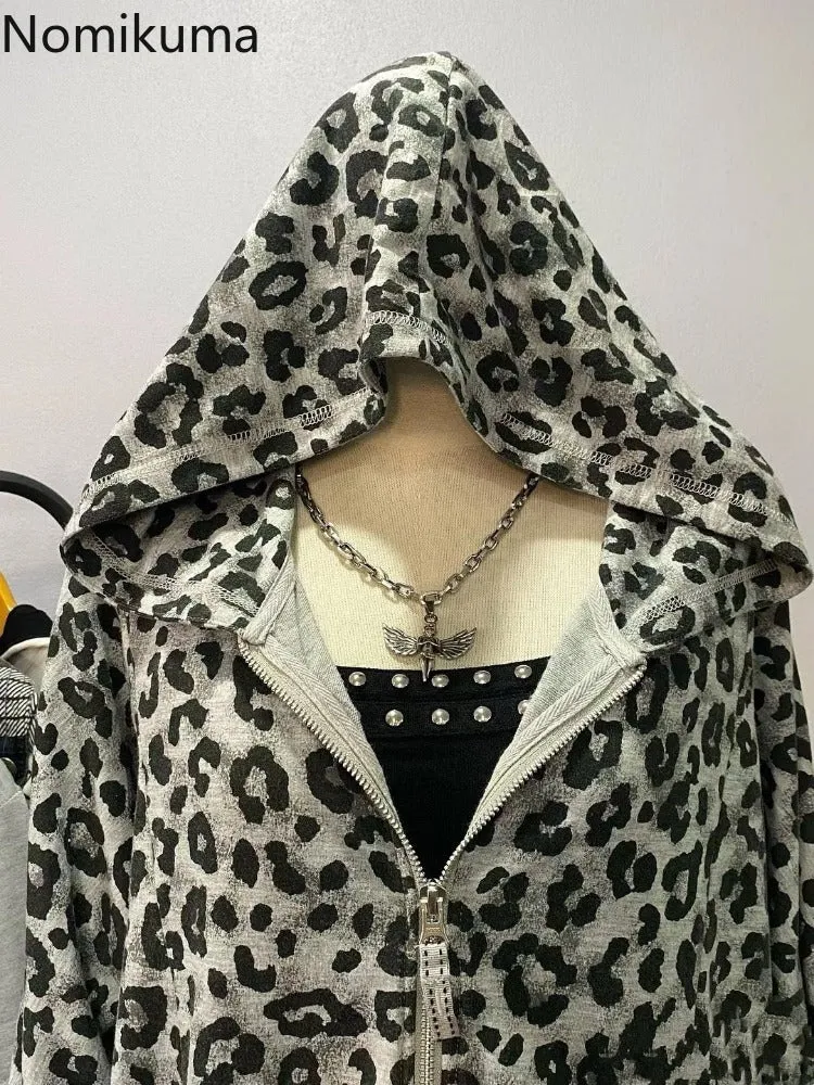 JazzHer Streetwear Leopard Print Hooded Sweatshirt Fashion Korean Zipper Y2k Jackets Casual Vintage Women Hoodies Coats 2025 Ropa Mujer