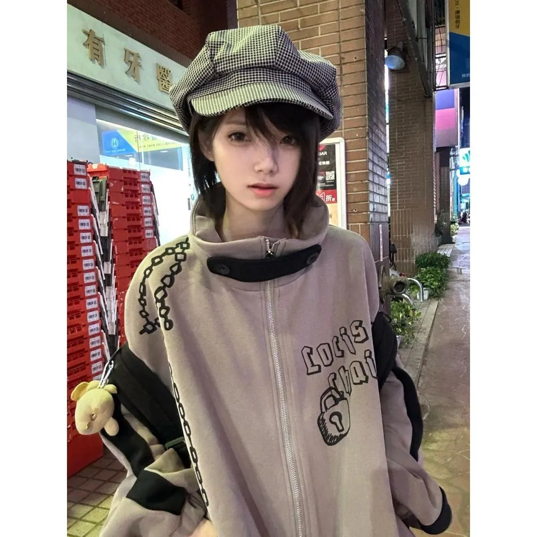 JazzHer Streetwear Pink Hoodie Women Thicked Stand Neck Zipper Jackets Y2k Tops Casual Fashion Print Oversized Sweatshirts Ropa Mujer